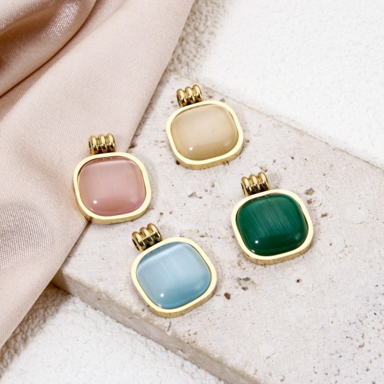 Immagine di 1 Pz Placcatura Sottovuoto Ecologica 304 Acciaio Inossidabile Geometrico Ciondoli Pendenti Quadrato Placcato Oro 14K Multicolore Con Cabochon di Gemma Sintetica 18mm x 14mm