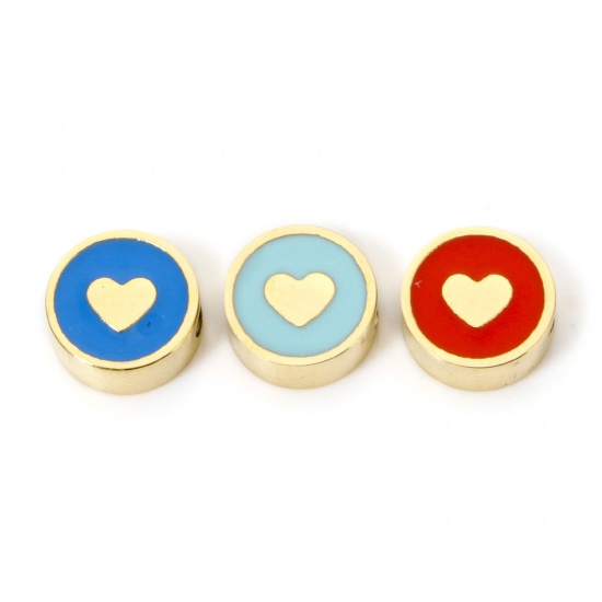 Bild von Umweltfreundliche Vakuumbeschichtung 304 Edelstahl Valentinstag Perlen zur DIY-Schmuckherstellung Flachrund 14K Echtgold plattiert Bunt Herz Emaille 8mm D., Loch: ca. 1.8mm