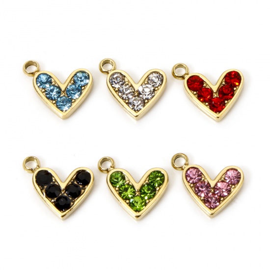 Picture of Eco-friendly Vacuum Plating 304 Stainless Steel Valentine's Day Charms 14K Real Gold Plated Heart Multicolor Rhinestone 10mm x 9mm