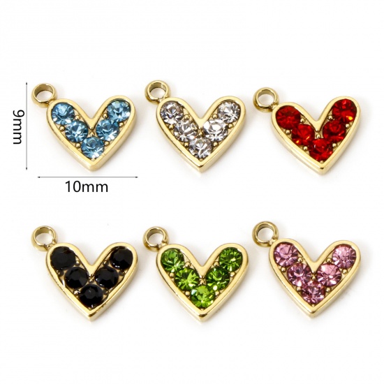 Picture of Eco-friendly Vacuum Plating 304 Stainless Steel Valentine's Day Charms 14K Real Gold Plated Heart Multicolor Rhinestone 10mm x 9mm