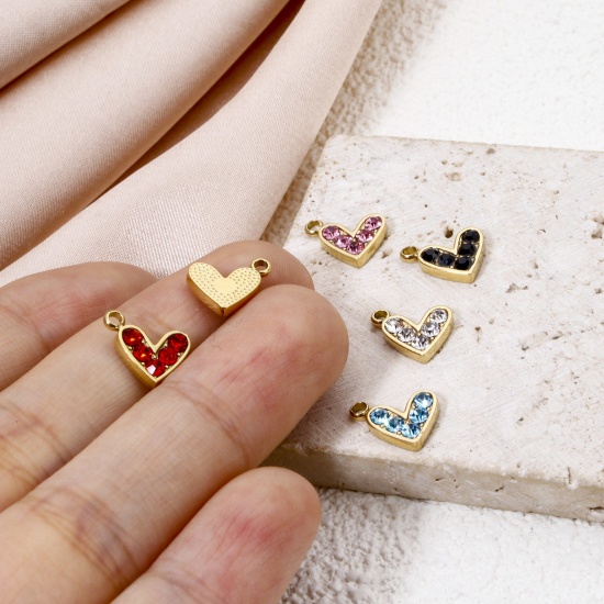 Picture of Eco-friendly Vacuum Plating 304 Stainless Steel Valentine's Day Charms 14K Real Gold Plated Heart Multicolor Rhinestone 10mm x 9mm