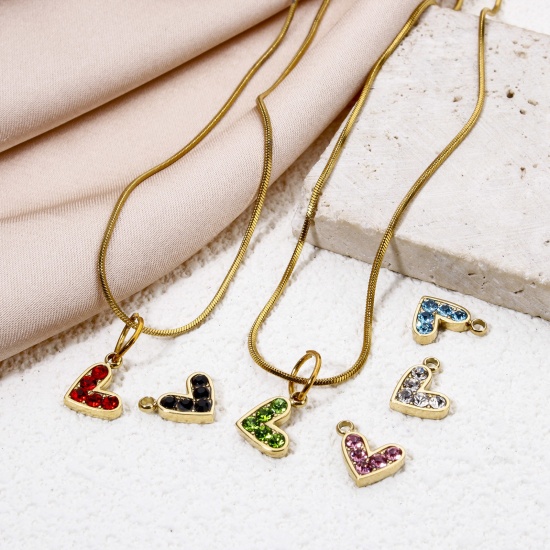 Picture of Eco-friendly Vacuum Plating 304 Stainless Steel Valentine's Day Charms 14K Real Gold Plated Heart Multicolor Rhinestone 10mm x 9mm