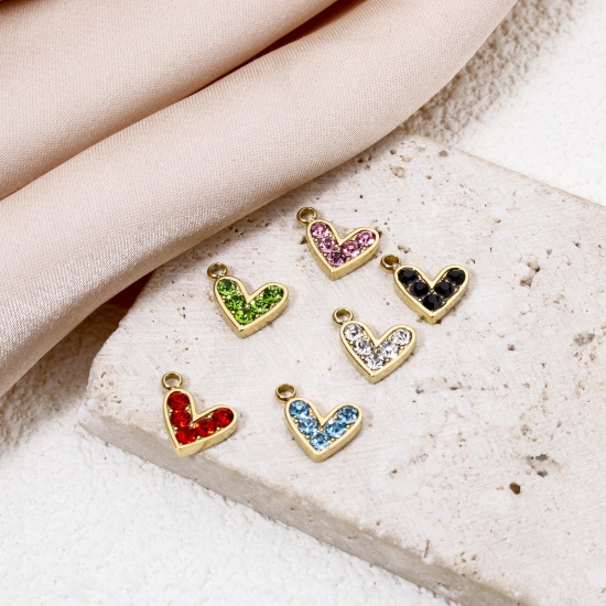 Picture of Eco-friendly Vacuum Plating 304 Stainless Steel Valentine's Day Charms 14K Real Gold Plated Heart Multicolor Rhinestone 10mm x 9mm