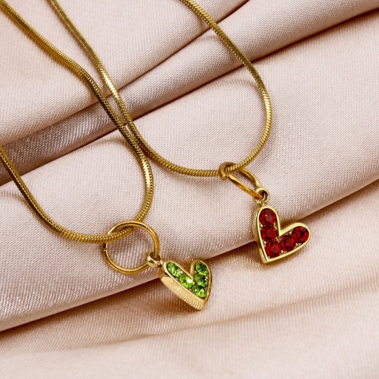 Picture of Eco-friendly Vacuum Plating 304 Stainless Steel Valentine's Day Charms 14K Real Gold Plated Heart Multicolor Rhinestone 10mm x 9mm