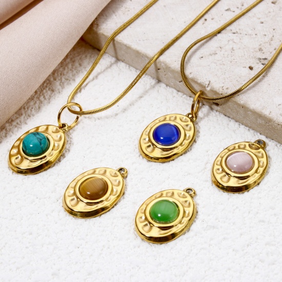 Bild von Umweltfreundliche Vakuumbeschichtung 304 Edelstahl Gehämmert Charms Oval 18K Echtgold plattiert Bunt Mit synthetischen Edelstein Cabochons 18mm x 12mm