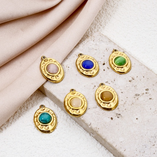 Bild von Umweltfreundliche Vakuumbeschichtung 304 Edelstahl Gehämmert Charms Oval 18K Echtgold plattiert Bunt Mit synthetischen Edelstein Cabochons 18mm x 12mm