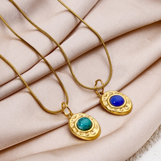 Bild von Umweltfreundliche Vakuumbeschichtung 304 Edelstahl Gehämmert Charms Oval 18K Echtgold plattiert Bunt Mit synthetischen Edelstein Cabochons 18mm x 12mm