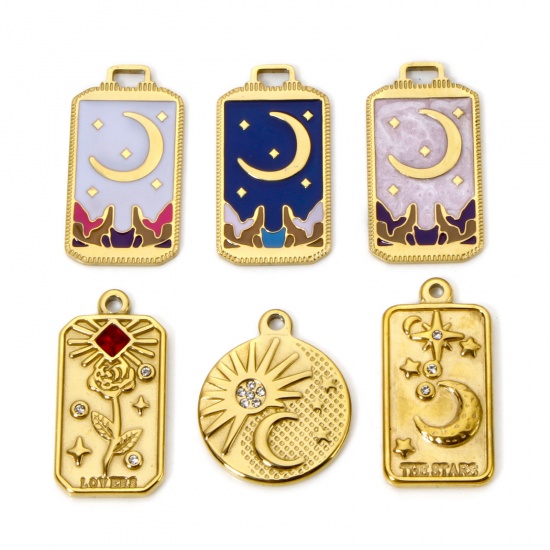Bild von Umweltfreundliche Vakuumbeschichtung 304 Edelstahl Charms Rechteck 18K Echtgold plattiert Mond Emaille