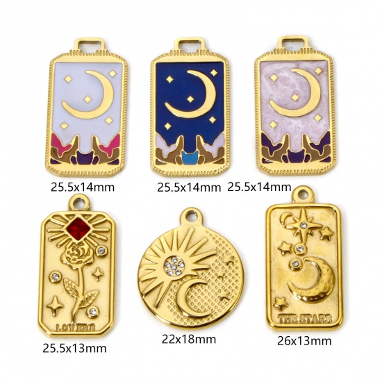 Bild von Umweltfreundliche Vakuumbeschichtung 304 Edelstahl Charms Rechteck 18K Echtgold plattiert Mond Emaille