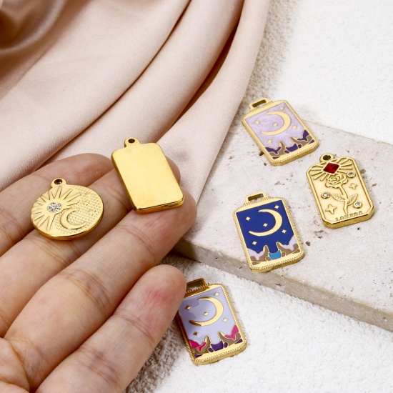 Bild von Umweltfreundliche Vakuumbeschichtung 304 Edelstahl Charms Rechteck 18K Echtgold plattiert Mond Emaille