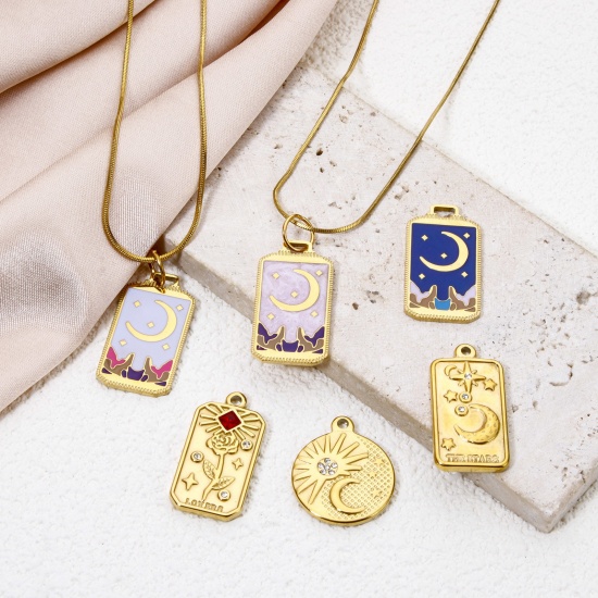 Bild von Umweltfreundliche Vakuumbeschichtung 304 Edelstahl Charms Rechteck 18K Echtgold plattiert Mond Emaille