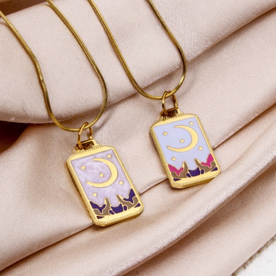 Bild von Umweltfreundliche Vakuumbeschichtung 304 Edelstahl Charms Rechteck 18K Echtgold plattiert Mond Emaille