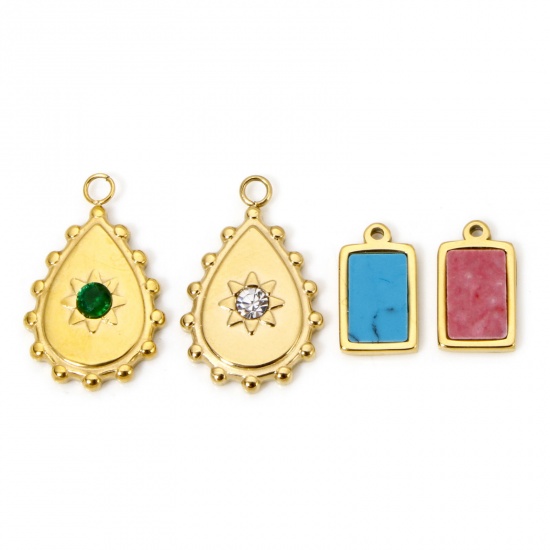 Immagine di 1 Pz Placcatura Sottovuoto Ecologica 304 Acciaio Inossidabile Ciondoli Goccia 18K Vero Oro Placcato Rettangolo Con Cabochon di Gemma Sintetica