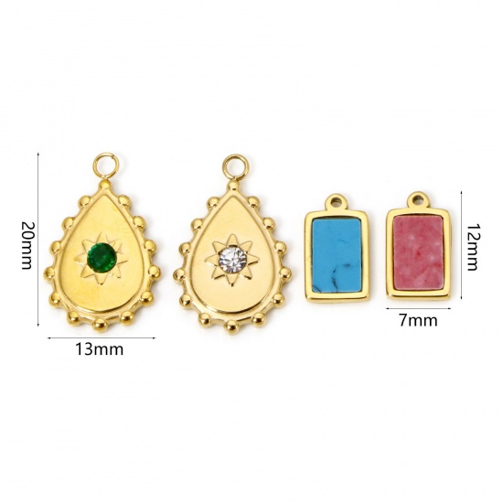 Immagine di 1 Pz Placcatura Sottovuoto Ecologica 304 Acciaio Inossidabile Ciondoli Goccia 18K Vero Oro Placcato Rettangolo Con Cabochon di Gemma Sintetica
