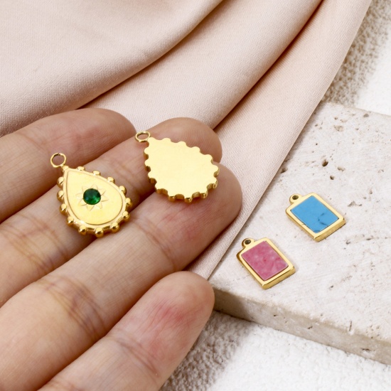 Immagine di 1 Pz Placcatura Sottovuoto Ecologica 304 Acciaio Inossidabile Ciondoli Goccia 18K Vero Oro Placcato Rettangolo Con Cabochon di Gemma Sintetica
