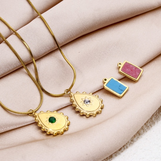 Immagine di 1 Pz Placcatura Sottovuoto Ecologica 304 Acciaio Inossidabile Ciondoli Goccia 18K Vero Oro Placcato Rettangolo Con Cabochon di Gemma Sintetica