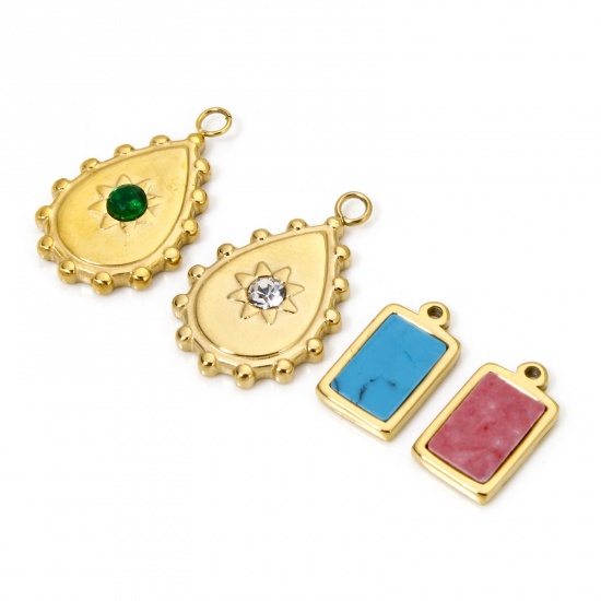 Immagine di 1 Pz Placcatura Sottovuoto Ecologica 304 Acciaio Inossidabile Ciondoli Goccia 18K Vero Oro Placcato Rettangolo Con Cabochon di Gemma Sintetica