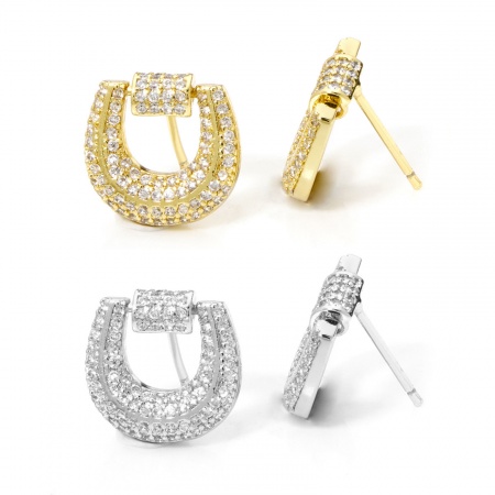 Eco-friendly Ins Style Stylish Real Gold Plated Brass Luck Horseshoe Micro Pave Ear Post Stud Earrings For Women 14mm x 13.5mm