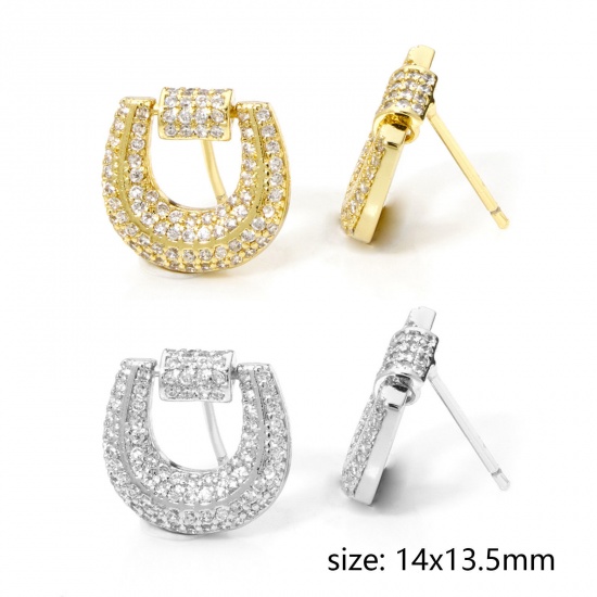 Immagine di 1 Paio Ecologico Stile Ins Elegante Vero Oro Placcato Ottone Ferro di Cavallo Micro Spianare Orecchini a Perno Per Donne 14mm x 13.5mm