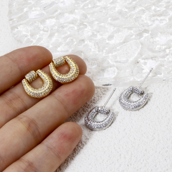 Immagine di 1 Paio Ecologico Stile Ins Elegante Vero Oro Placcato Ottone Ferro di Cavallo Micro Spianare Orecchini a Perno Per Donne 14mm x 13.5mm