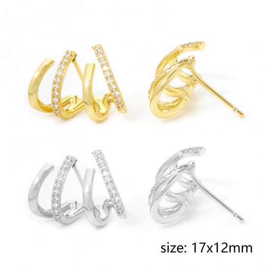 Picture of Eco-friendly Ins Style Stylish Real Gold Plated Brass Wave Micro Pave Ear Post Stud Earrings For Women 17mm x 12mm