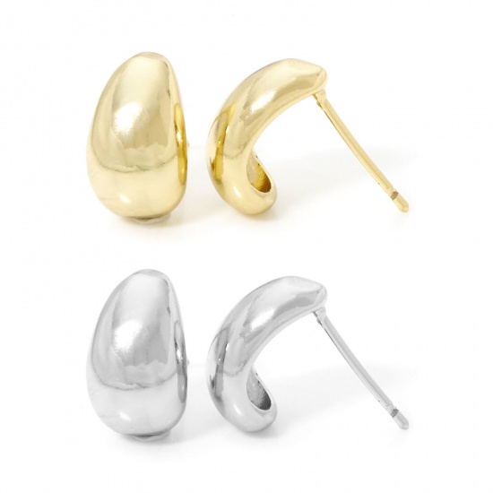 Immagine di 1 Paio Ecologico Stile Ins Elegante Vero Oro Placcato Ottone Goccia Liscio Orecchini a Perno Per Donne 13mm x 8mm