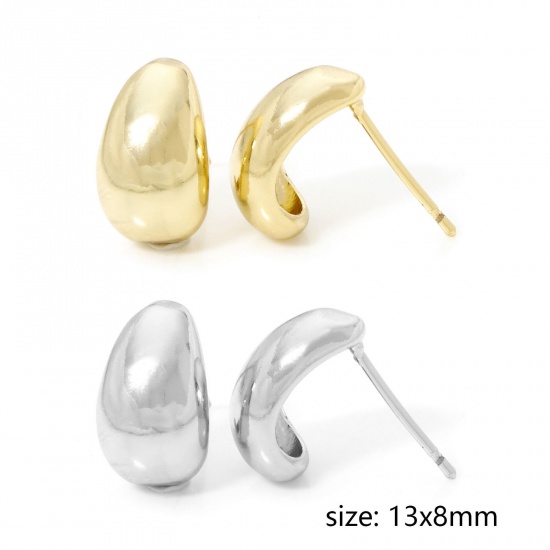 Immagine di 1 Paio Ecologico Stile Ins Elegante Vero Oro Placcato Ottone Goccia Liscio Orecchini a Perno Per Donne 13mm x 8mm