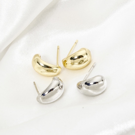 Immagine di 1 Paio Ecologico Stile Ins Elegante Vero Oro Placcato Ottone Goccia Liscio Orecchini a Perno Per Donne 13mm x 8mm