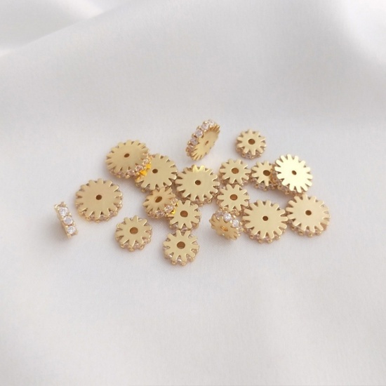 Picture of Eco-friendly Brass Spacer Beads For DIY Bracelet Jewelry Making Findings 14K Real Gold Plated Flat Round Gear Clear Cubic Zirconia