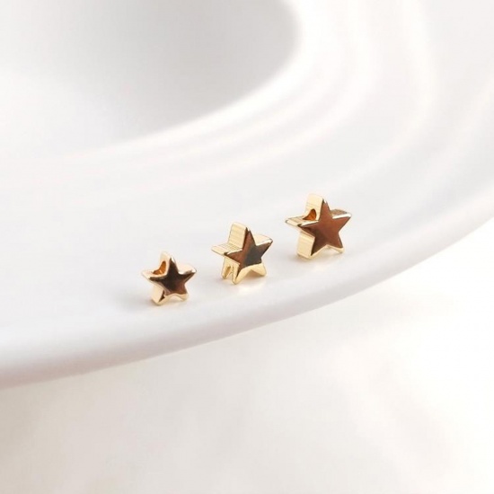 Picture of Eco-friendly Brass Beads For DIY Jewelry Making 14K Real Gold Plated Pentagram Star Smooth Blank