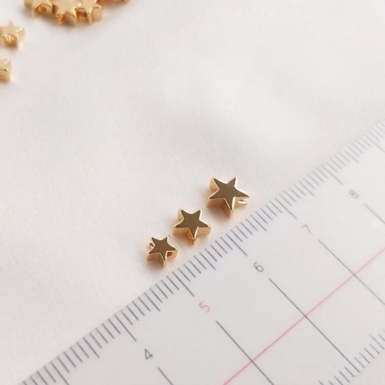 Picture of Eco-friendly Brass Beads For DIY Jewelry Making 14K Real Gold Plated Pentagram Star Smooth Blank