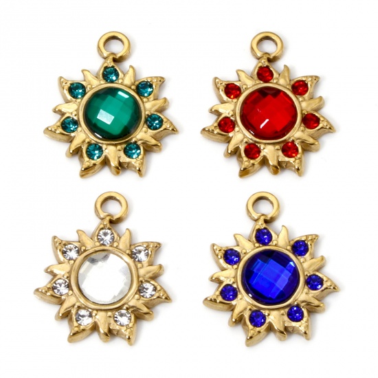 Image de 2 Pcs Breloques en 304 Acier Inoxydable Placage Sous Vide Écologique Galaxie Soleil Plaqué Or Véritable 18K à Strass Coloré 24mm x 20.5mm