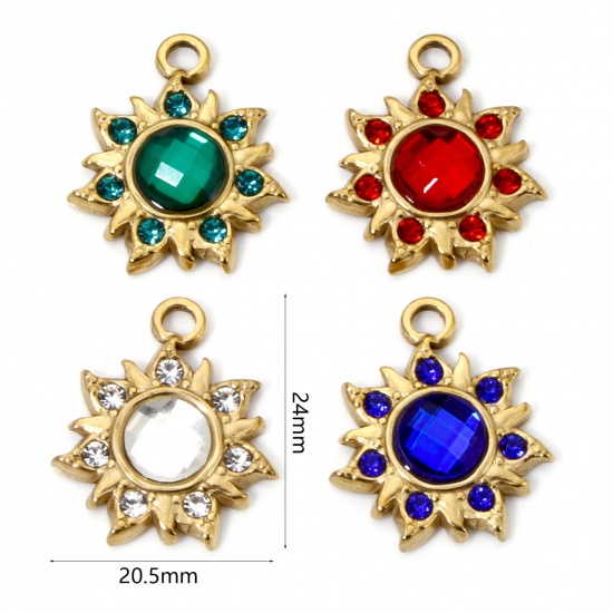 Image de 2 Pcs Breloques en 304 Acier Inoxydable Placage Sous Vide Écologique Galaxie Soleil Plaqué Or Véritable 18K à Strass Coloré 24mm x 20.5mm