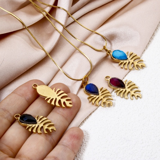 Picture of Eco-friendly Vacuum Plating 304 Stainless Steel Flora Collection Pendants 18K Real Gold Plated Drop Monstera Leaf Multicolor Rhinestone 3cm x 1.5cm