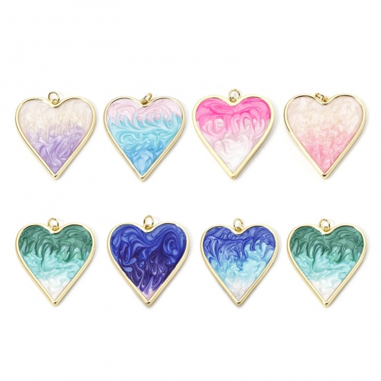 Picture of Eco-friendly Brass Valentine's Day Charms 18K Real Gold Plated Gradient Color Heart Micro Pave Clear Cubic Zirconia 3.4cm x 3cm