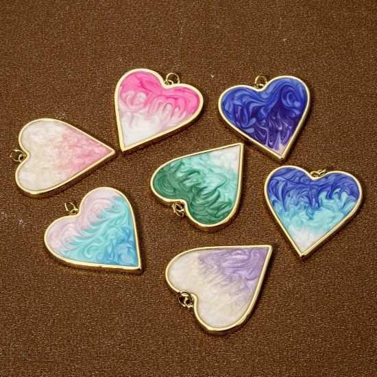 Picture of Eco-friendly Brass Valentine's Day Charms 18K Real Gold Plated Gradient Color Heart Micro Pave Clear Cubic Zirconia 3.4cm x 3cm