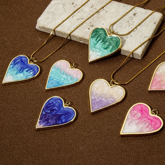 Picture of Eco-friendly Brass Valentine's Day Charms 18K Real Gold Plated Gradient Color Heart Micro Pave Clear Cubic Zirconia 3.4cm x 3cm