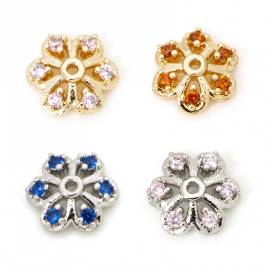 Picture of Eco-friendly Brass Beads Caps Flower Real Gold Plated Hollow Multicolour Cubic Zirconia (Fit 10mm Bead) 7mm x 7mm