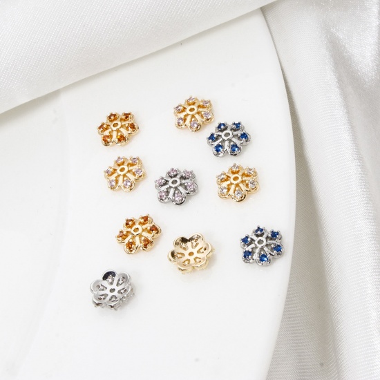 Picture of Eco-friendly Brass Beads Caps Flower Real Gold Plated Hollow Multicolour Cubic Zirconia (Fit 10mm Bead) 7mm x 7mm