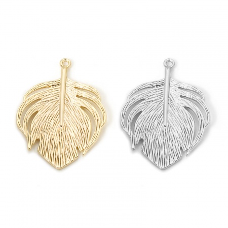 Eco-friendly Brass Pendants Real Gold Plated Feather 3.3cm x 2.4cm