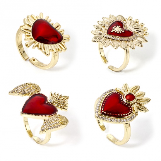 Picture of Eco-friendly Stylish Retro 18K Real Gold Plated Red Brass Open Ex Voto Heart Enamel Rings For Women