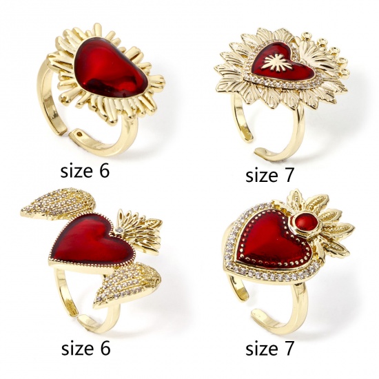 Picture of Eco-friendly Stylish Retro 18K Real Gold Plated Red Brass Open Ex Voto Heart Enamel Rings For Women