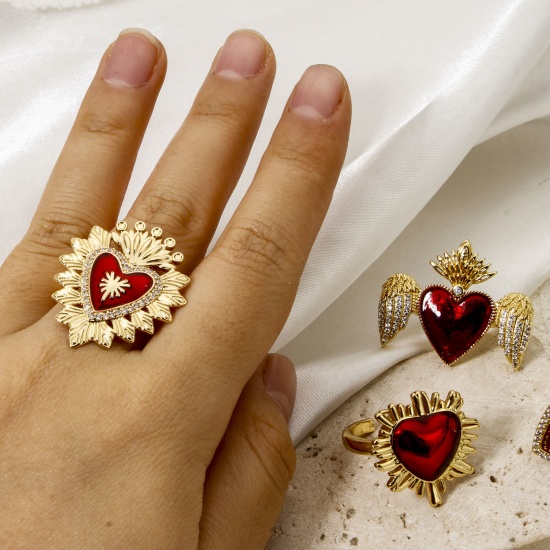 Picture of Eco-friendly Stylish Retro 18K Real Gold Plated Red Brass Open Ex Voto Heart Enamel Rings For Women