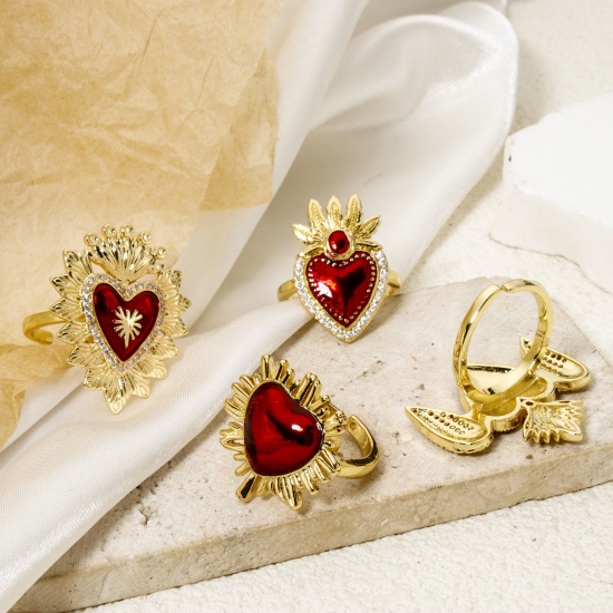 Picture of Eco-friendly Stylish Retro 18K Real Gold Plated Red Brass Open Ex Voto Heart Enamel Rings For Women