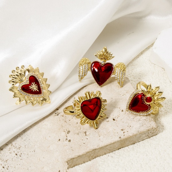 Picture of Eco-friendly Stylish Retro 18K Real Gold Plated Red Brass Open Ex Voto Heart Enamel Rings For Women