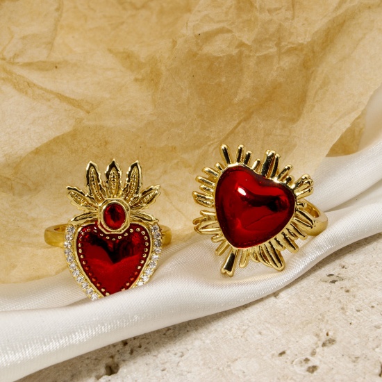 Picture of Eco-friendly Stylish Retro 18K Real Gold Plated Red Brass Open Ex Voto Heart Enamel Rings For Women