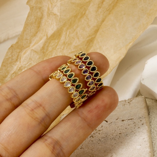 Изображение 1 ШТ Экологичный Элегантный Стильный 18K настоящее золото с покрытием Латунь Открытый Круглые Капли C камнем циркон Кольца 16.9мм(Американский Размер 6.5)
