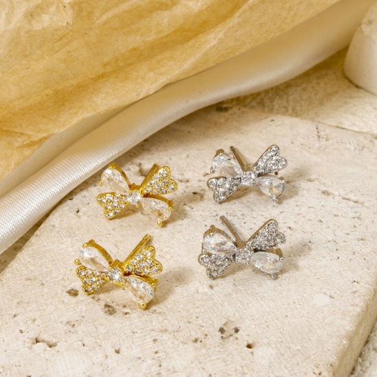 Immagine di 1 Paio Ecologico Dolce & Carino Elegante Ottone Cravatta a Farfalla Micro Spianare Orecchini a Perno Per Donne 12mm x 8.5mm