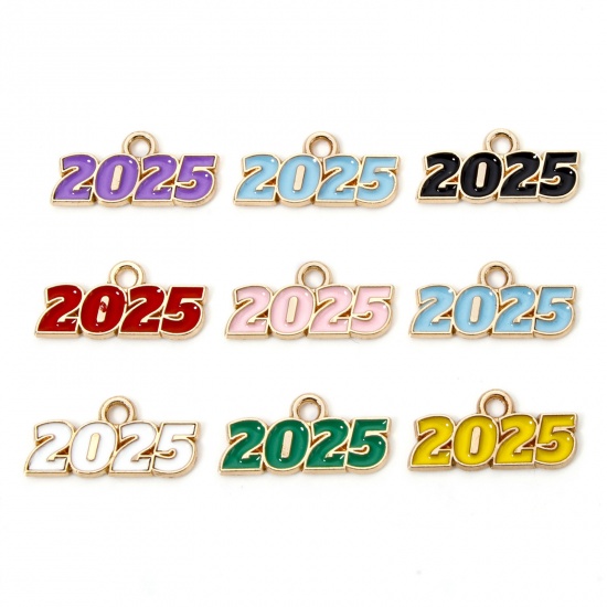 Immagine di 50 Pz Lega di Zinco Anno Ciondoli Oro Placcato Multicolore Lettere " 2025 " Smalto 18mm x 9mm