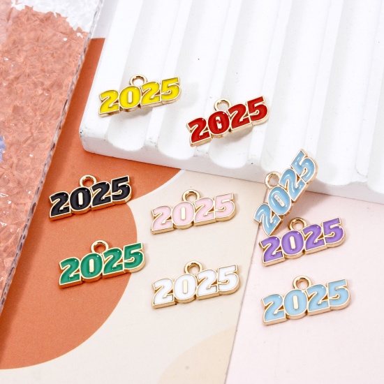 Immagine di 50 Pz Lega di Zinco Anno Ciondoli Oro Placcato Multicolore Lettere " 2025 " Smalto 18mm x 9mm